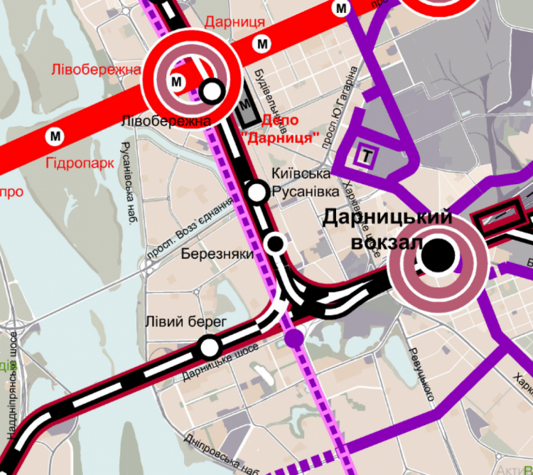Далі лінія швидкісного трамваю пройде повз Дарницьке шосе. Після цього вона проходитиме вздовж станції метро 