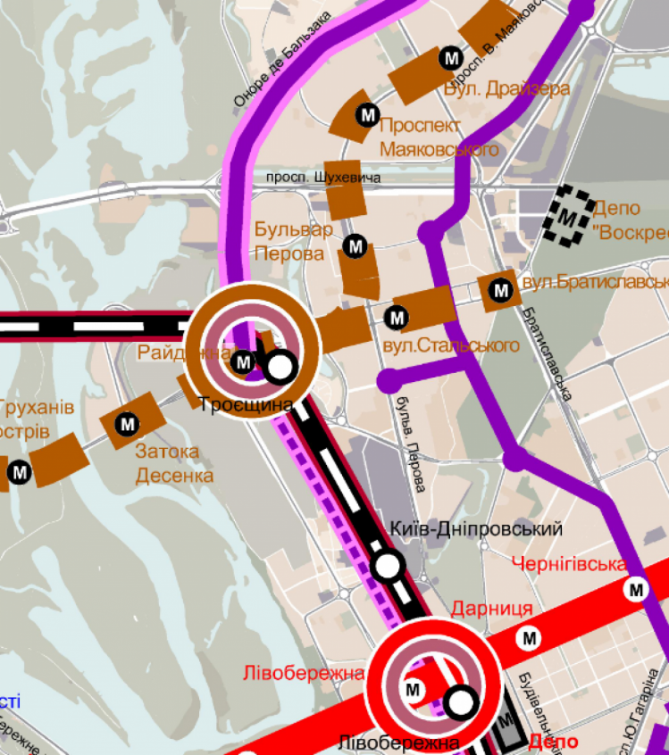 На карті майбутня лінія швидкісного трамваю відмічена фіолетовим кольором