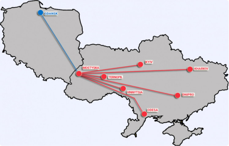 Карта вантажних перевезень між Гданськом і українськими містами